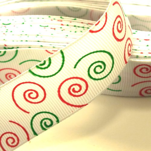 Ruban tissu polyester : blanc motif spirale rg/vert  largeur 25mm longueur 100cm
