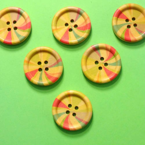 Lot 6 boutons bois : rond motif arc en ciel 25mm (02) 