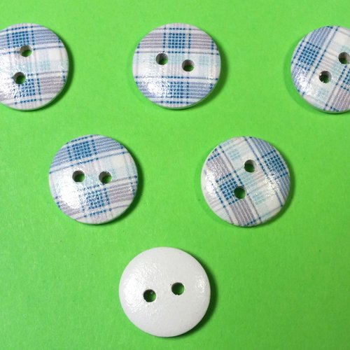 Lot 6 boutons bois : rond motif écossais 15mm (08)