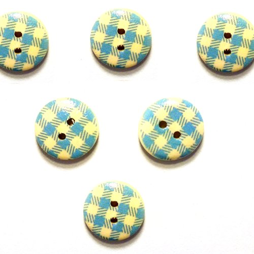Lot 6 boutons bois : rond motif vichy bleu 15mm (07)