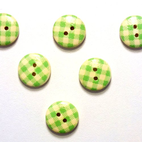 Lot 6 boutons bois : rond motif vichy vert/blanc 15mm (01)