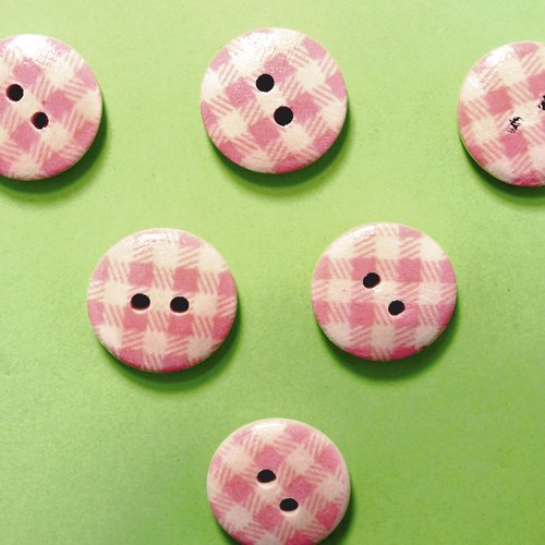 Lot 6 boutons bois : rond motif vichy rose/blanc 15mm (21)