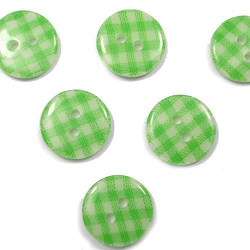 Lot 6 boutons : rond vichy vert/blanc 13mm 