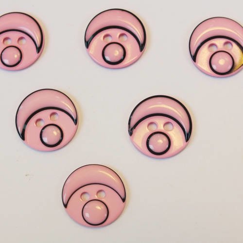 Lot 6 boutons : rond motif tete bonhomme rose 15mm 