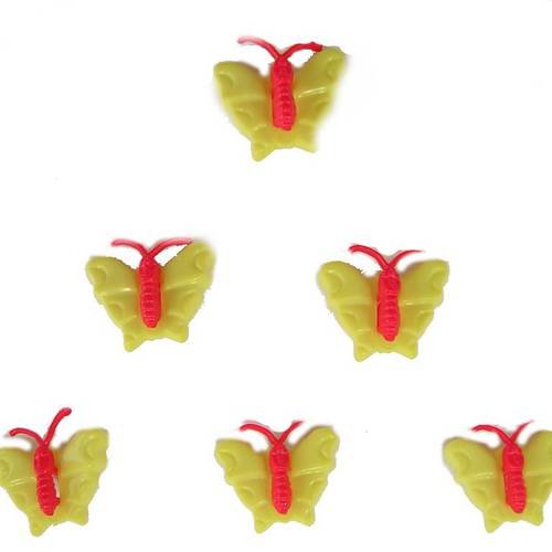 Lot 6 boutons acryliques : papillon jaune/rouge 16*13mm