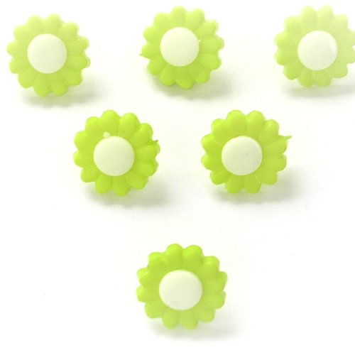 Lot 6 boutons acryliques : marguerite vert/blanche 15mm (01)
