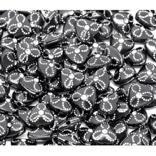 Lot 30 perles acryliques : coeurs noirs motifs fleurs brillantes 9mm