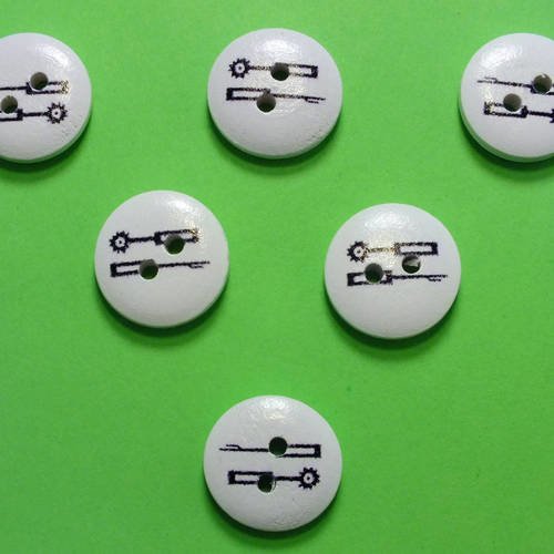 Lot 6 boutons bois : rond motif theme mercerie outils couture 15mm (05)