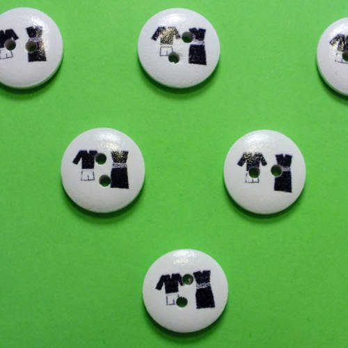 Lot 6 boutons bois : rond motif theme mercerie vetement 15mm (07)