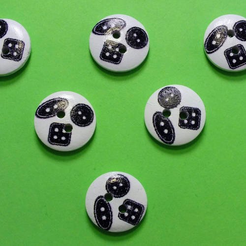 Lot 6 boutons bois : rond motif theme mercerie boutons 15mm (09)