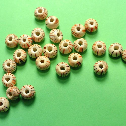 50 perles rondes bois écru marbré rouge et marron 6mm (08) 