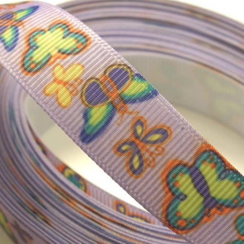 Ruban polyester : mauve  motif papillon largeur 15mm 100cm (04)
