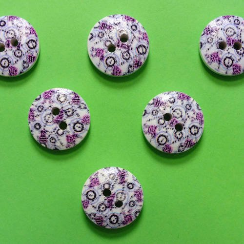 Lot 6 boutons bois : rond motif fantaisie 15mm (13)
