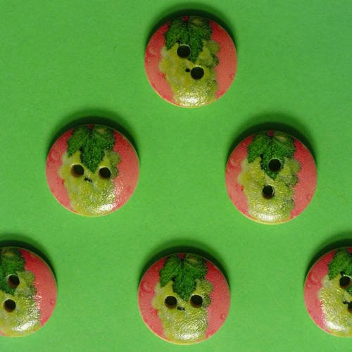 Lot 6 boutons bois : rond thème fruit motif raisin 15mm