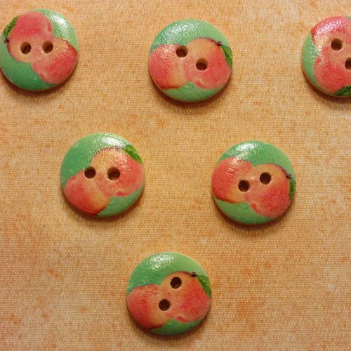Lot 6 boutons bois : rond thème fruit motif abricot 15mm