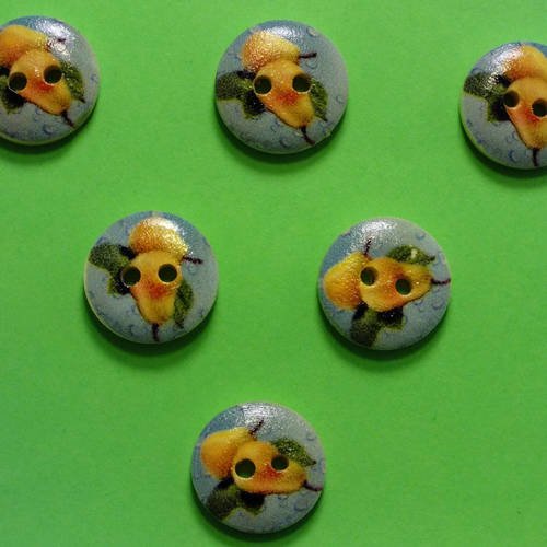 Lot 6 boutons bois : rond thème fruit motif poire 15mm