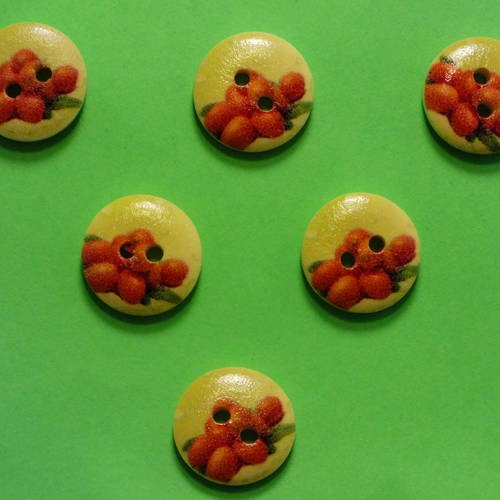 Lot 6 boutons bois : rond thème fruit motif litchi 15mm