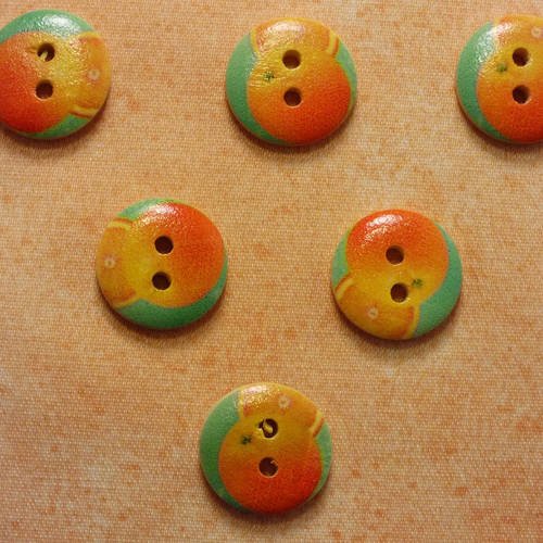 Lot 6 boutons bois : rond thème fruit motif orange 15mm