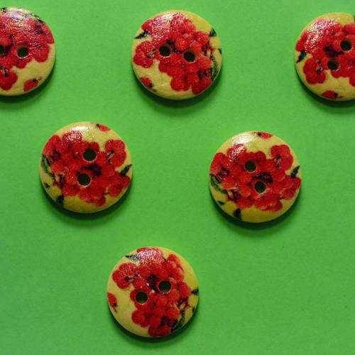 Lot 6 boutons bois : rond thème fruit motif framboise 15mm
