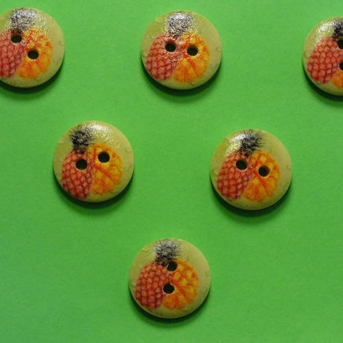Lot 6 boutons bois : rond thème fruit motif ananas 15mm