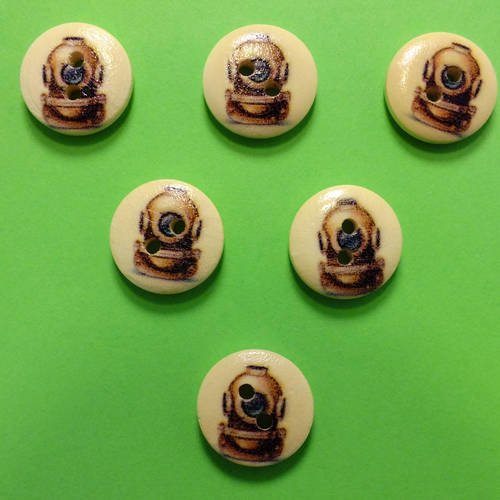 Lot 6 boutons bois : rond thème mer 15mm (34)