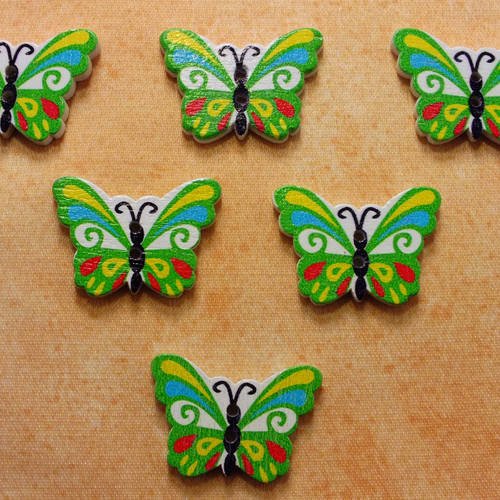 Lot 6 boutons bois : papillon vert 24mm 