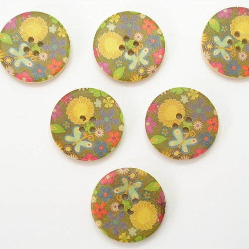 Lot 6 boutons bois : rond motif fleur 30mm (07)