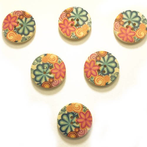 Lot 6 boutons bois : rond motif fleur 25mm (04) 