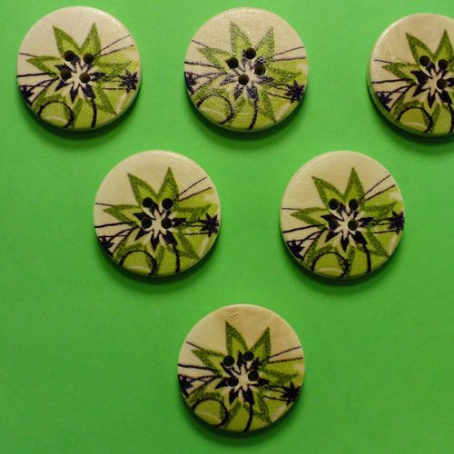 Lot 6 boutons bois : rond motif fleur 25mm (01) 