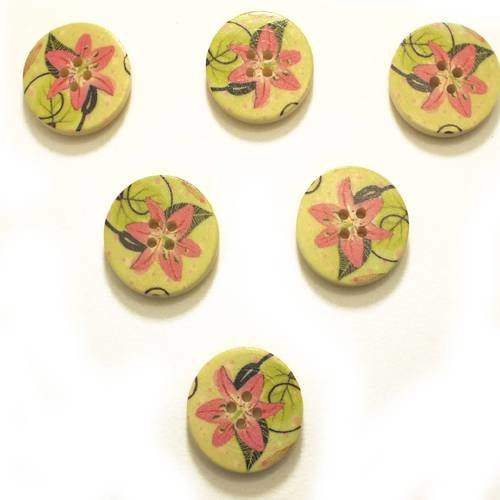 Lot 6 boutons bois : rond motif fleur 25mm (05) 