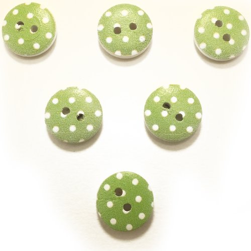 Lot 6 boutons bois : rond vert clair motif  pois 15mm (14)