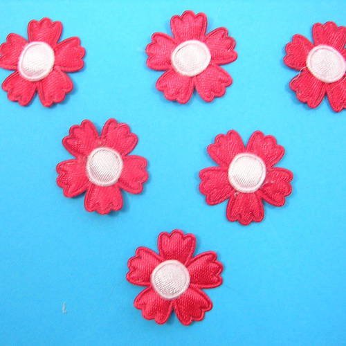 Lot 6 appliques tissus  : fleur rouge/rose 2cm (02)
