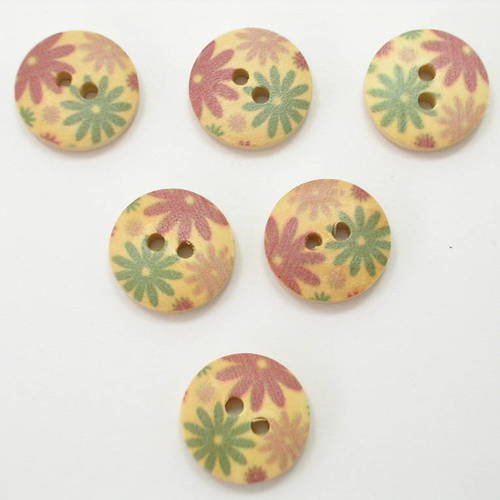 Lot 6 boutons bois : rond motif fleur 15mm (02)