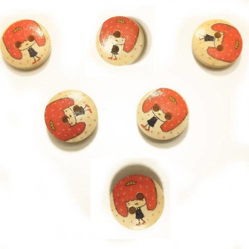 Lot 6 boutons bois : rond motif fille 15mm 