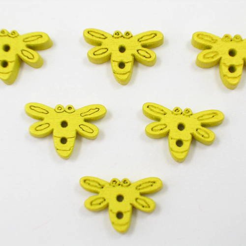 Lot 6 boutons bois : libellule jaune 15mm 