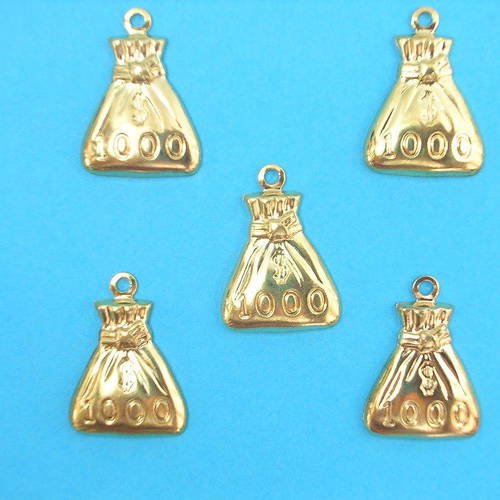 Lot 5 charms/breloques  plaqué doré : sac mille dollars 18*13mm