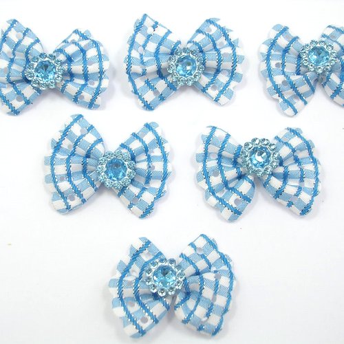 Lot 6 appliques tissus  : noeud papillon bleu/blanc + fleur acrylique 4*3cm