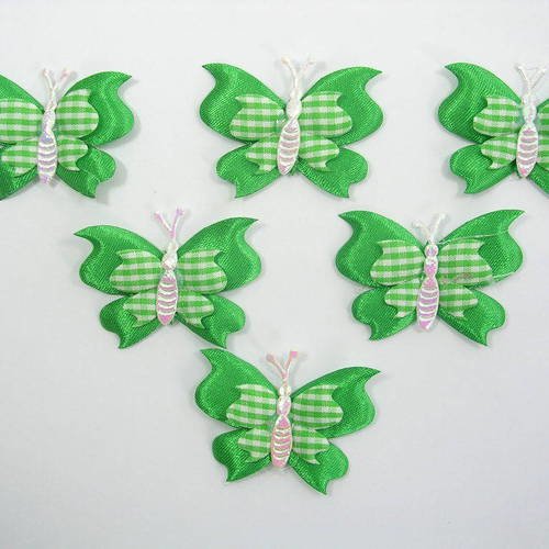 Lot  6 appliques tissus  : papillon blanc et vert 45mm 