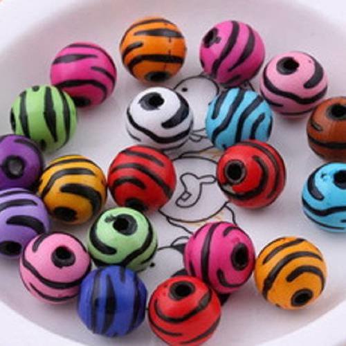 Lot 20 perles acryliques :  rondes multicolores rayures noires 12mm