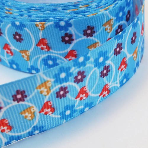 Ruban polyester : bleu motif fleur largeur 25mm  longueur 100cm (01)