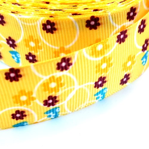 Ruban polyester : jaune motif fleur largeur 25mm  longueur 100cm (02)