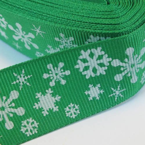 Ruban polyester : vert motif flocon blanc largeur 25mm  longueur 100cm