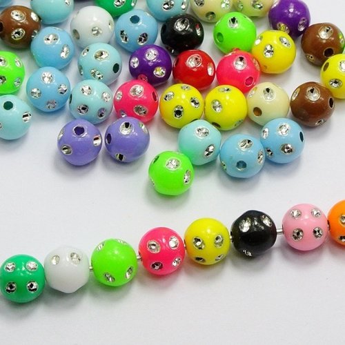 Lot 100 perles acryliques : rondes multicolores points argent 7mm