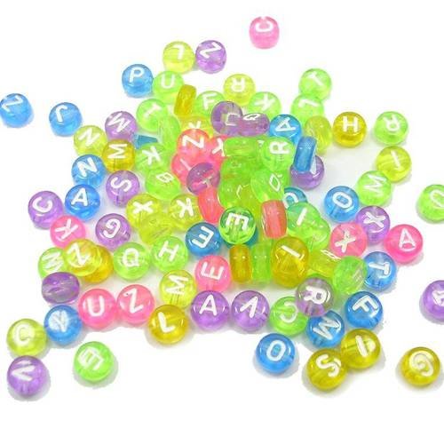 Perles acryliques : 100 rondes multicolores transparentes lettres blanches 7mm