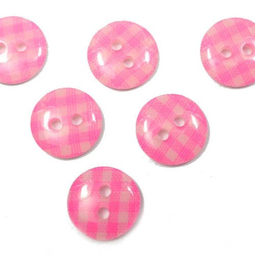 Lot 6 boutons : rond vichy rose/blanc 13mm 