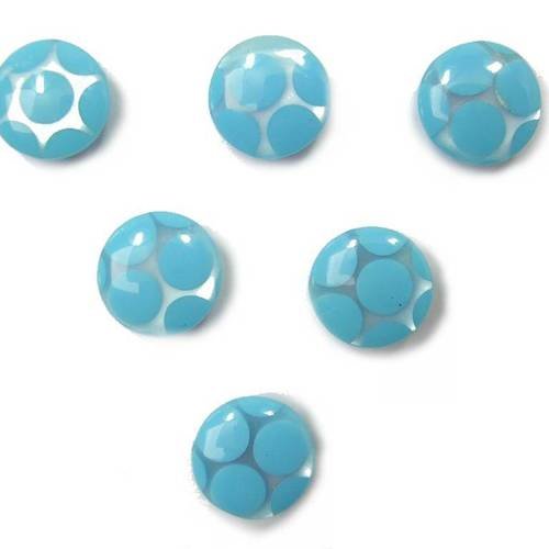 Lot 6 boutons : rond transparent motif rond bleu 11mm 