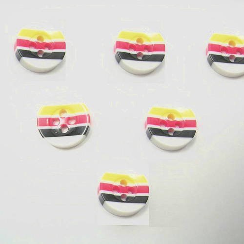 Lot 6 boutons : rond blanc rayure  noire/rg jaune 13mm (07) 