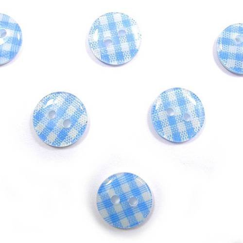 Lot 6 boutons : rond vichy bleu/blanc 13mm 