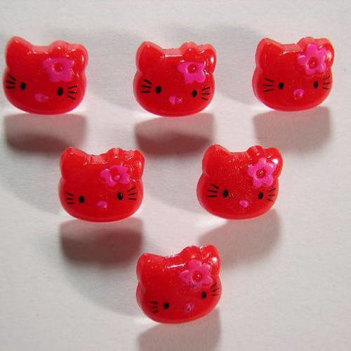 Lot 6 boutons : kitty rouge 13mm 