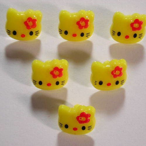 Lot 6 boutons : kitty jaune 13mm 